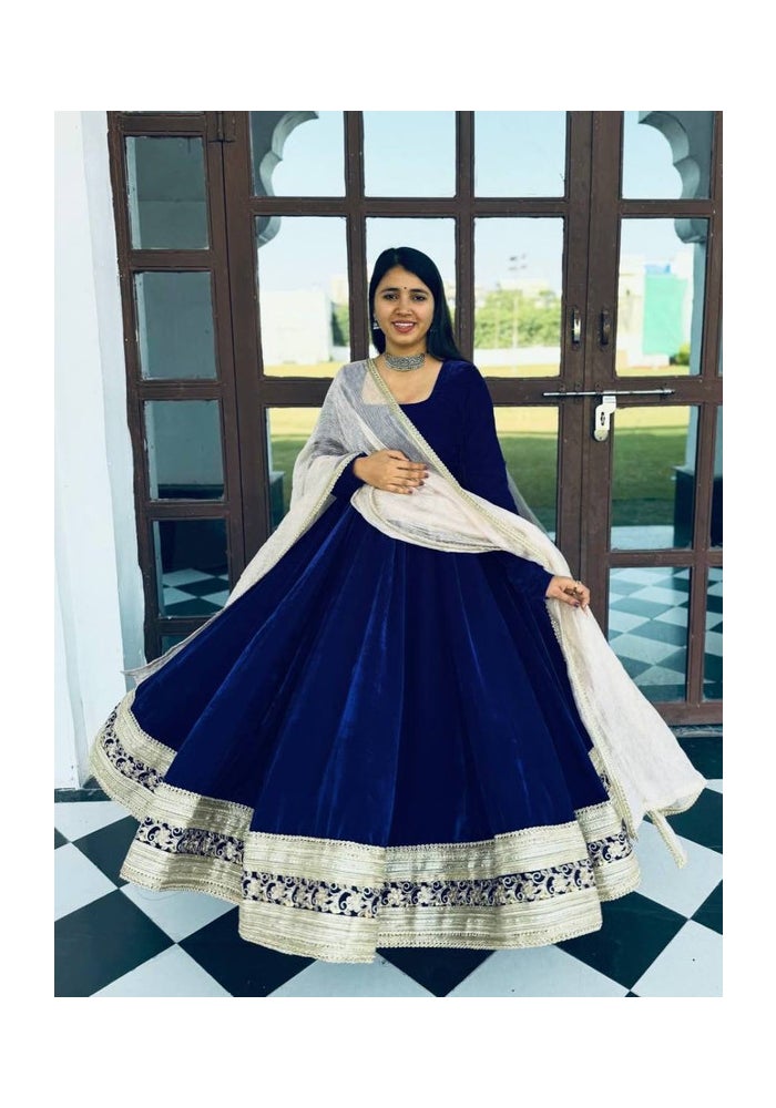 Malishka Export Blue Velvet Anarkali Kurta With Dupatta for Women - Image 1